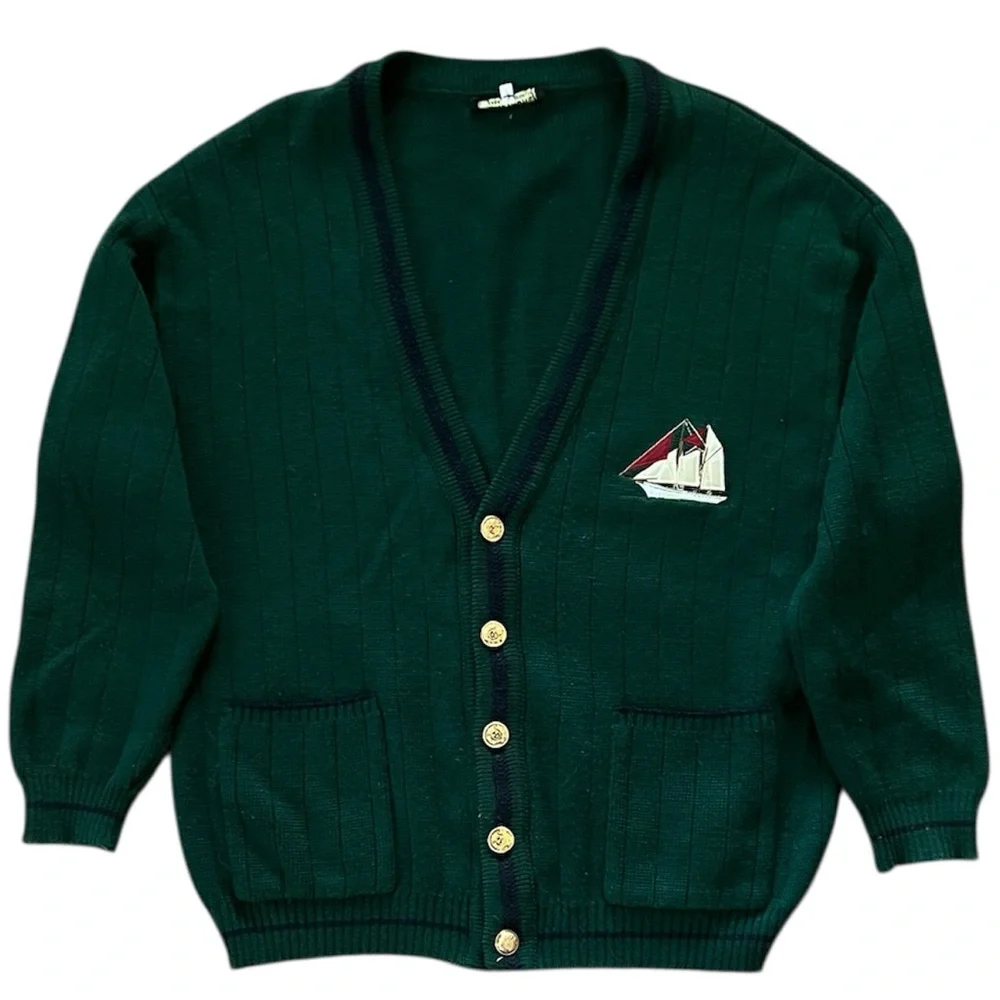 Royal Mer Bretagne Cardigan Green Navy Nautical Sailboat Wool Blend Men’s Large - Picture 1 of 6